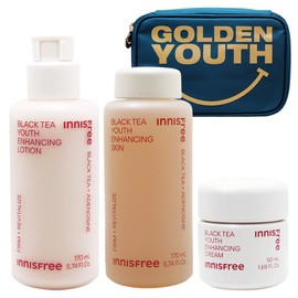 Innisfree Black Tea Youth Enhancing 3 types (skin + lotion + cream) + GOLDEN YOUTH pouch (blue) provided / 이니스프리 블랙티 유스 인핸싱 3종(스킨+로션+크림)+GOLDEN YOUTH 파우치(블루) 증정