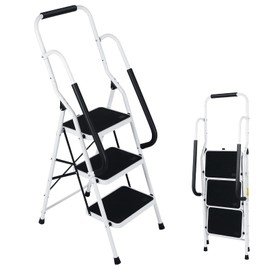 Step Ladder 3 Step Folding with Handrails, Folding Step Stool with Wide Anti-Slip Pedal, Sturdy Steel Portable Ladder, Lightweight Step Stool Foldable for Library Home Garage Office