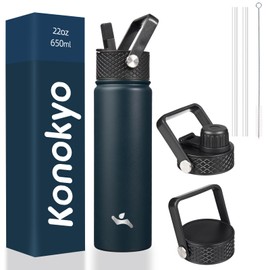 Konokyo 22oz Stainless Steel Bottles with 3 Lids Sport Insulated Water Bottle,Navy Blue
