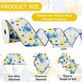 JarThenaAMCS Watercolor Floral Wired Edge Ribbon 2.5 Inch White Yellow Blue Flower Fabric Craft Ribbon for Bow Wreath Gift Wrap Spring Summer Party Home Decor, 12 Yards