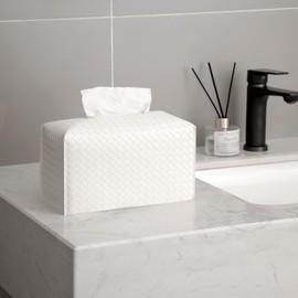 Tissue Box Cover PU Leather Tissue Holder Square Facial Tissue Case Facial Paper Organizer Dispenser for Bathroom, Vanity Countertop, Tabletop, Car, Rectangle, White