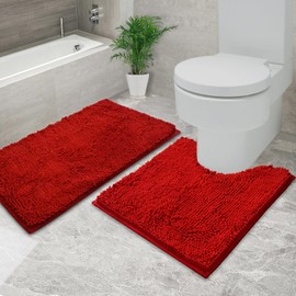 Flotstiga Bathroom Rugs Chenille, Extra Thick and Absorbent, Non-Slip, Machine Washable, Dry Quckily, Soft Cozy Plush, Used Under Shower Bathtub and Sink, Bath mat Sets 5050U+5080 red