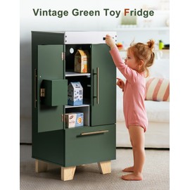 ROBOTIME Wooden Toy Fridge - Play Kitchen Set with Accessories, Kitchen Playset Interactive Refrigerator for Pretend Play Fridge for Kids, Toddler Kitchen Appliance (Vintage Green)