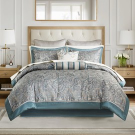 Madison Park Aubrey Cozy 12 Piece Comforter Set & Sheet, Luxe Faux Silk Jacquard Paisley Design - All Season Down Alternative Bedding with Cotton Bed Sheets, Bedskirt, Toss Pillows, Cal King Teal