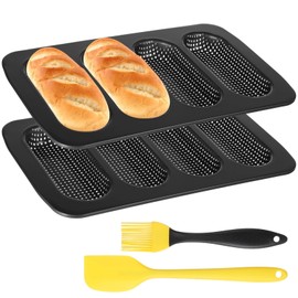 OMISTAR Hot Dog Bun Pan Set of 4-2 Pcs Carbon Steel Baguette Bread Pan Molds, Non-Stick Perforated French Bread Baking Pan With Scraper & Oil Brush For Homemade Bread Loaf Baking Tray