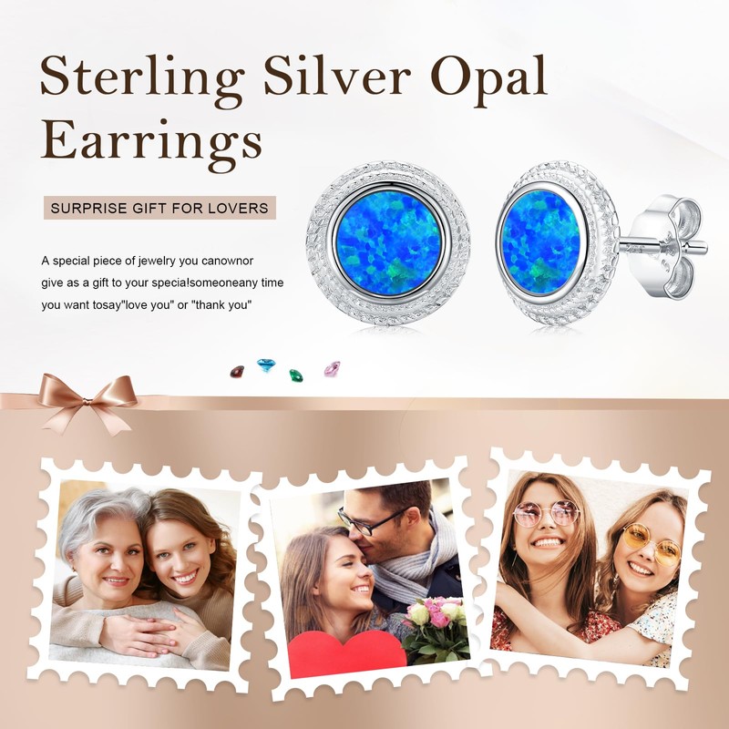 Twoowl Blue Opal Stud Earrings 925 Sterling Silver Blue Stone