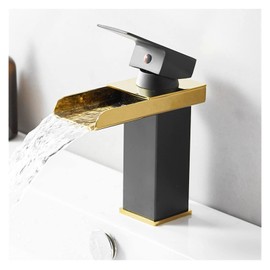 Waterfall Basin Faucet Bathroom Deck Mounted Black Gold Sink Tap Cold and Hot Water Mixer Tap Brass Vanity Vessel Sink Faucets (Color : Short Black)