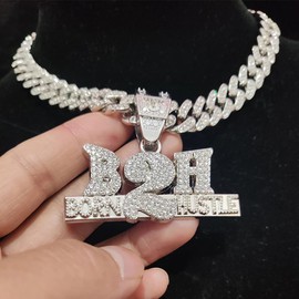 N-Made Beautifull Born To Hustle Chain Iced Out Pendant Necklace Hip Hop, Iced Out Pendants for Men Women, Iced Out Chain, Hip Hop B2H Pendant Necklace Width 13mm Cuban Chain, Rope Chain