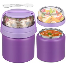 JXXM 2 in 1 Double Insulated Food Jar 13.5oz Soup Thermo with Snack Container Kids Thermo for Hot Food Lunch Containers Wide Mouth Vacuum Stainless Steel Leak Proof for School Travel(Purple)