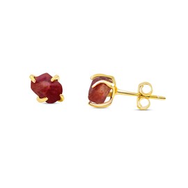raw tiny ruby stone stud earring 4-6mm solid 925 sterling silver over real yellow gold plated prong setting, July birthstone jewelry gift for her or him, uniquelan jewelry (ruby)