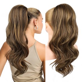 REECHO Ponytail Extension, Drawstring Ponytail Extension Long Wavy Layered Pony Tails Hair Extensions 22inch Natural Clip in Synthetic Hairpiece for Women, Chocolate Brown with Highlights