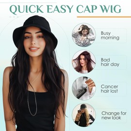 S-noilite Hat Wig for Women, Bucket Hat Wig with 18 inch Long Curly Wave Hairstyle Synthetic Hair Extensions, Sun Hat Foldable Fisherman Cap Wigs for All Seasons Daily Casual,Dark Brown