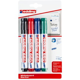edding 660 whiteboard marker - multi-coloured - 4 whiteboard pens - round nib 1.5-3 mm - whiteboard pen dry wipe - for whiteboards, flipcharts, magnetic, memo boards - sketchnotes - refillable