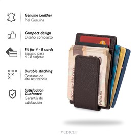 Vedicci Cartera de Piel para Hombre con Clip Magnético para Billetes de Fácil Acceso. Billetera Delgada para hasta 8 Tarjetas. Cartera Vintage para Caballero. Men Wallet (Café)