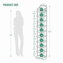 Hzuaneri Vertical Shoe Rack, Shoe Shelves, Wood Shoe Organizer for Closet, Entryway, Shoe Tower for Small Spaces, Free Standing, Adjustable, with 2 Hooks, 10 Tier Greige SR11205B