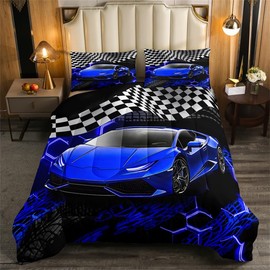 Feelyou Racing Car Bedding Set for Kids, Boys, Girls - Queen Size Speed Sports Comforter Set for Teens, Adults - Soft Extreme Sports Duvet Quilt with Honeycomb Pattern - Bedroom Decor Quilt