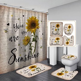 Sunflower Shower Curtain Sets with Rugs 4PCS You are My Sunshine Bathroom Decor Set Waterproof Shower Curtain Non-Slip Rugs Toilet Rugs Bath Mats Bathroom Curtains Shower Set with 12 Hooks