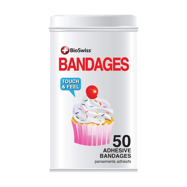 BioSwiss Novelty Bandages Collectable Tin, Self-Adhesive Funny First Aid Bandages, Novelty Gag Gift 50 Pieces (Cupcake)