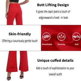 Women's Wide Leg Cuffed Jeans High Waisted Stretchy Casual Comfort Fit Denim Pants RedLarge