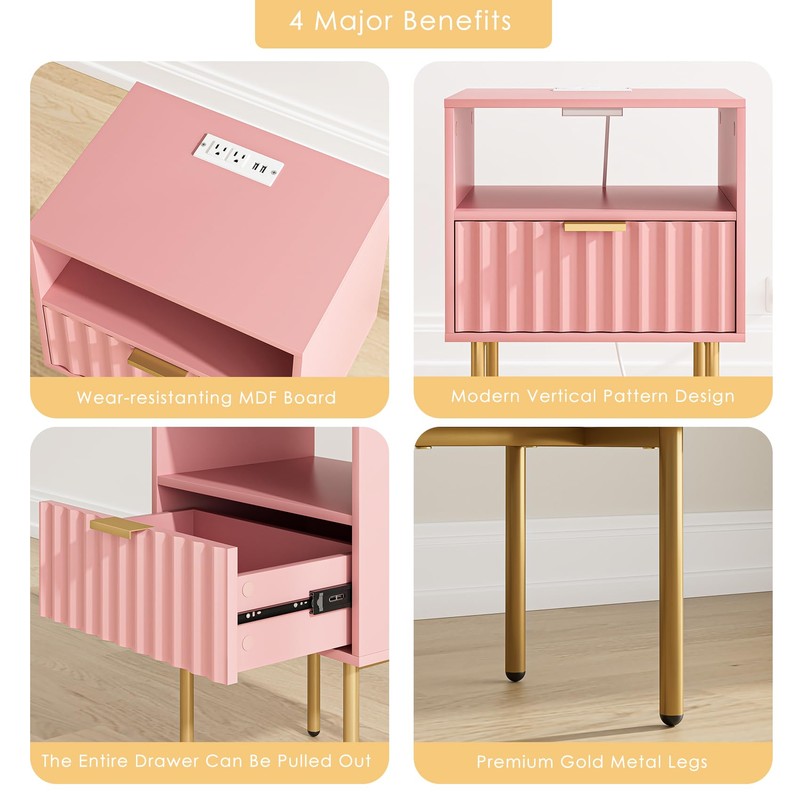 Masupu Nightstand with Charging Station,Mid-Century Modern Bedside Table with Storage