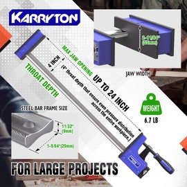 KARRYTON 24-Inch Parallel Clamps, Heavy Duty Bar Clamps for Woodworking, 4" Throat Depth w/ 1600LB Force 2-Pack