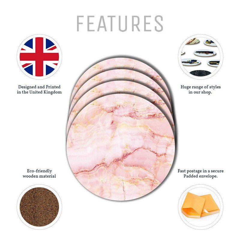 4 Set - Pink Marble Stone Agate Effect Coasters -