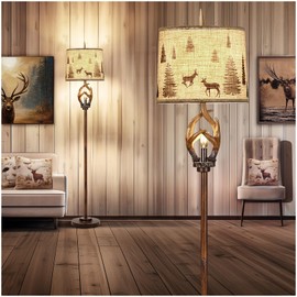 Scenekoy Rustic Farmhouse Antlers Floor Lamp with Nightlight Brown Finish Round Shade Lamps for Living Room Bedroom Office Study House