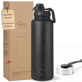 Abjoki Stainless Steel Drinking Bottle "Infinity" 1,200 ml, Onyx Black, Double-Walled and Vacuum Insulated, Thermal Flask, BPA-Free, Leak-Proof, Suitable for Carbonated Drinks, Plus Push Button Sports