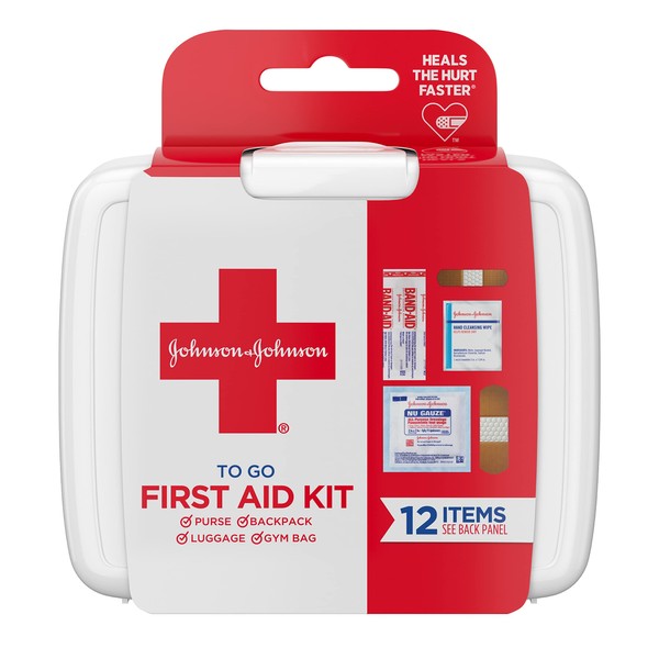J&J Red Cross First Aid To Go Mini Portable Emergency Wound Care Travel Kit with Adhesive Bandages, Gauze Pads & Wipes for Purse, Backpack, Gym Bag, Car or Luggage, 12 Count