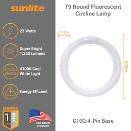 Sunlite 05015 FC8T9/CW T9 Round Fluorescent Circline Lamp, 22 Watts, 1250 Lumens, 4100K Cool White, RoHS Compliant, G10Q 4-Pin Base, 1 Pack