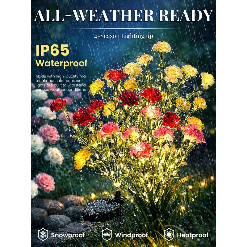 GIGALUMI 4 Pack Solar 28 Carnations Flowers Outdoor, 2 Modes,