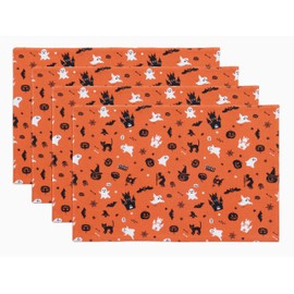 PurpleEssences - Juego de 4 manteles individuales para mesa de comedor espeluznantes de 13 x 19 pulgadas, diseño de árbol fantasma de bruja, color negro, naranja y negro, mantel individual de algodón,