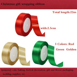 6 x 25mm Wide Gold Red Green Ribbon Thick Christmas Ribbon for Gift Wrapping, 1 inch Gold Red and Green Christmas Satin Ribbon for Present Wrapping Xmas Ribbon Hair Bow Bouquet Craft Decoration Ribbon