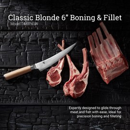 Shun Classic Blonde 6" Boning & Fillet Knife, Handcrafted Japanese Curved Knife, VG-MAX Core with Damascus Stainless Steel Cladding, Pakkawood Handle, Meat & Fish Tool for Professional and Home Chefs