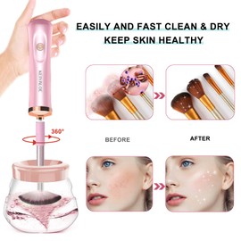 Máquina de limpieza y secador de brochas de maquillaje automáticas, brochas de maquillaje profundas, con 8 tamaños de collares de goma, fácil limpieza y secado rápido (rosa)