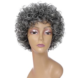 HUA Grey Human Hair Wig for Black Women Older Short Wear and Go Glueless Wig with Bangs Short Curly Human Hair Gray Wigs for Black Women Salt and Pepper Wigs for Women Older Women Human Hair Mixed
