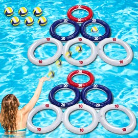 TURNMEON 2 Pack 4th of July Inflatable Pool Game with Score, Triangle Floating Water Sports Pool Toys with 6 Colorful Tossing Balls for Boys Girls Adults Independence Day Party Carnival Parade