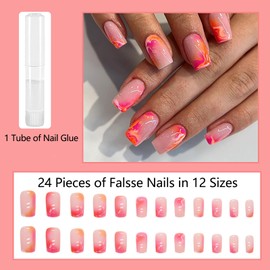 24Pcs Square False Nails Short - Nude Gradient Press on Nails - Fake Nails with Glue - Stick on Nails French Tip - Full Cover Acrylic False Nails & Accessories Nails Art for Women