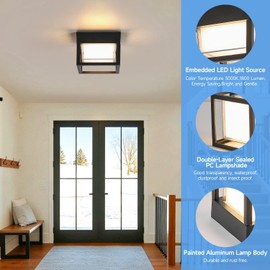 Outdoor Porch LED Ceiling Flush Mount Lights,Black Square Exterior Wall Mount Lamp,3000K Warm Color,18W,Small 6.3inch,Aluminum and Double Shade,Waterproof for Patio,Hallway,Garage,Balcony,Terrace