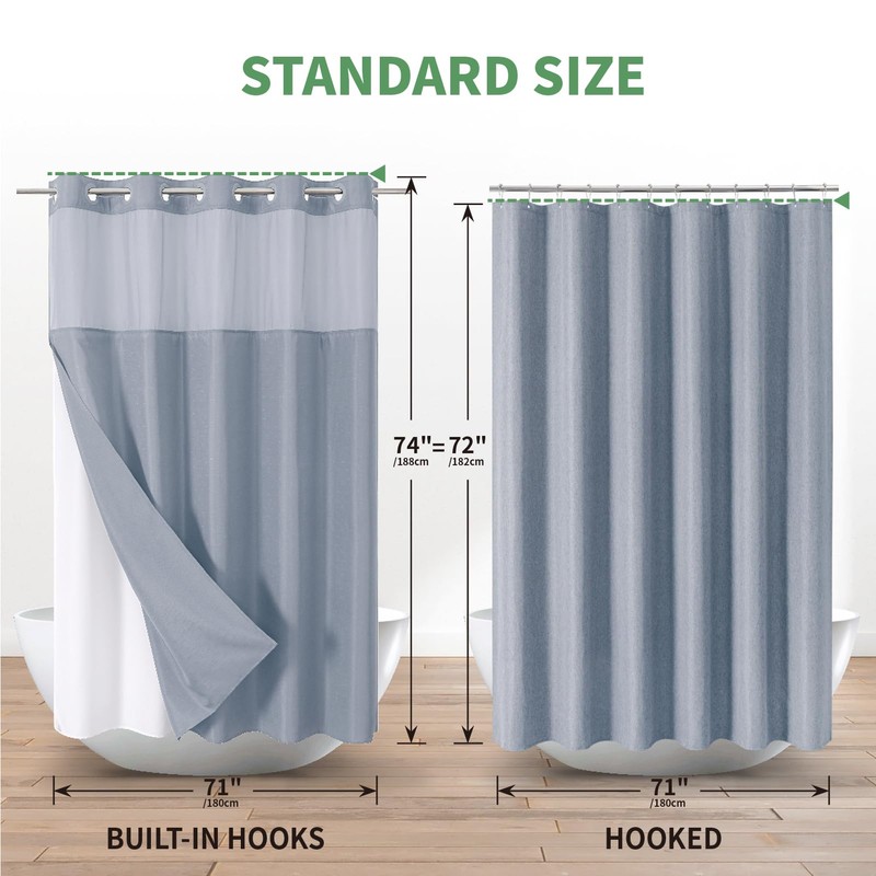 eachope Blue No Hook Shower Curtain with Snap-in Fabric Liner