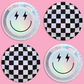 JarThenaAMCS 40Pcs Smile Face Paper Plates Iridescent Happy Face Checkered Disposable Plates 9 Inch Holographic Foil Dessert Plates for Birthday Baby Shower One Happy Dude Party