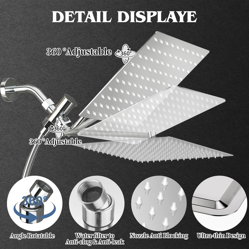 12 Inch Shower Head, Rain Shower Head with Adustable Extension