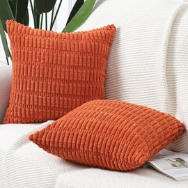 Madizz Pack of 2 Boho Striped Corduroy Throw Pillow Covers 16x16 inch, 40x40 cm, Reddish Orange Soft Decorative Cushion Cover for Sofa Bedroom Pillow Shell