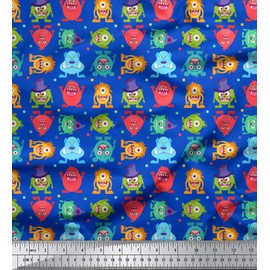 Soimoi Blue Cotton Cambric Fabric Monster Cartoon Decor Fabric Printed BTY 56 Inch Wide
