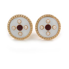 17mm Gold Tone White/Red Enamel Faux Pearl Button Clip On Earrings