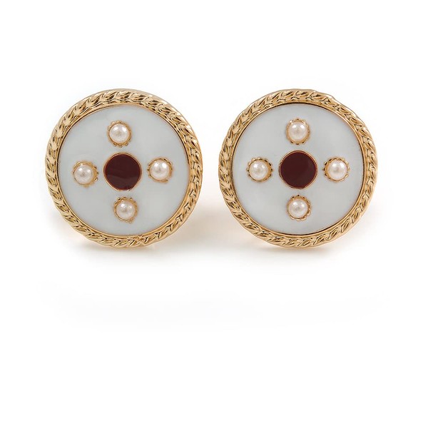 17mm Gold Tone White/Red Enamel Faux Pearl Button Clip On