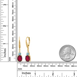 Gem Stone King 18K Yellow Gold Plated Silver Ruby Red Mystic Quartz and Blue Zircon Dangle Earrings for Women with Lab Grown Diamond (4.63 Cttw, Oval 9X7MM)