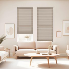 DEZ FURNISHINGS EZ Stick No Drill No Tool Cordless 1" Light Filtering Cellular Shade, 27.5" W x 64" H, Linen