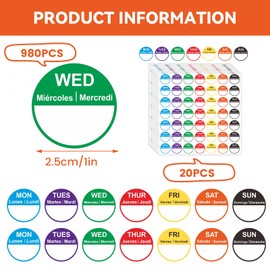 980PCS Days of The Week Stickers Food Labels Stickers with Easy to Write Surface Circular Date Kitchen Labels Easy Peel Off