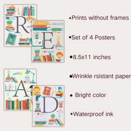 AUNMER Classroom Read Posters Prints Set of 4 - Reading Nook Decor, Modern Neutral Reading Corner Decor, Pre School Elementary Middle School Daycare Library Classroom Wall Decor